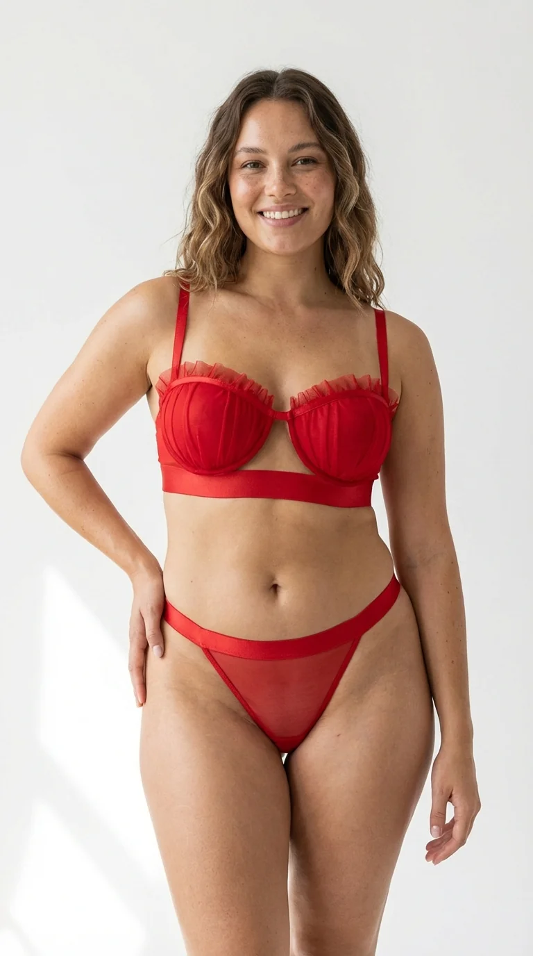 LunaIntim Kırmızı Tül Fırfırlı Sütyen Takımı Saten Detaylı ve Pencereli Modern Set - Model Üzerinde Önden Görünüm